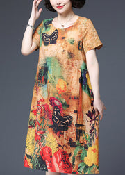 Elegant Butterfly Print O-Neck Cotton Dress Short Sleeve