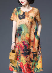 Elegant Butterfly Print O-Neck Cotton Dress Short Sleeve