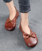 Elegant Chocolate Bow Cowhide Flat Shoes For Women - bagstylebliss