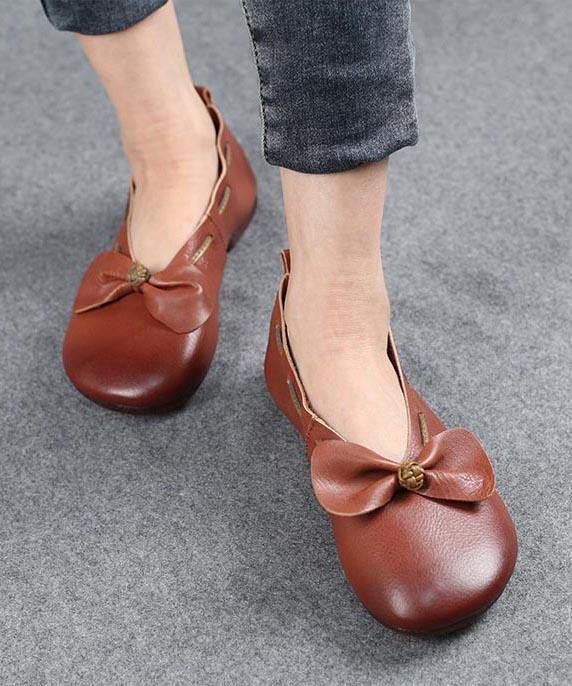 Elegant Chocolate Bow Cowhide Flat Shoes For Women - bagstylebliss