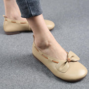 Elegant Chocolate Bow Cowhide Flat Shoes For Women - bagstylebliss