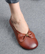 Elegant Chocolate Bow Cowhide Flat Shoes For Women - bagstylebliss