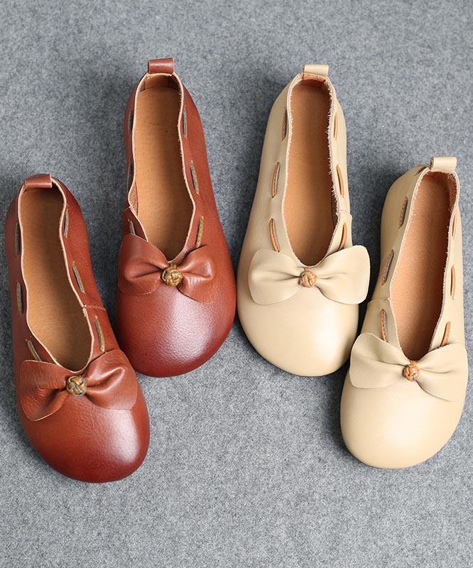 Elegant Chocolate Bow Cowhide Flat Shoes For Women - bagstylebliss