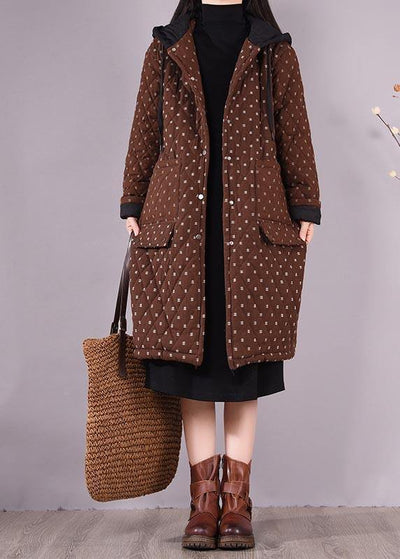 Elegant Chocolate Coat Plus Size Hooded Pockets Outwear - bagstylebliss