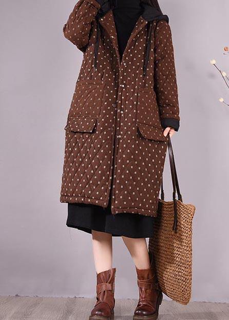 Elegant Chocolate Coat Plus Size Hooded Pockets Outwear - bagstylebliss