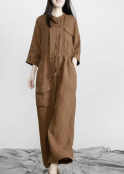 Elegant Chocolate Pockets Wide Leg Fall Linen Jumpsuit Pants - bagstylebliss