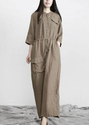 Elegant Chocolate Pockets Wide Leg Fall Linen Jumpsuit Pants - bagstylebliss