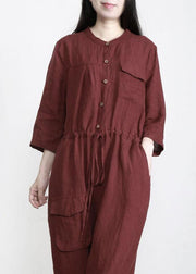 Elegant Chocolate Pockets Wide Leg Fall Linen Jumpsuit Pants - bagstylebliss