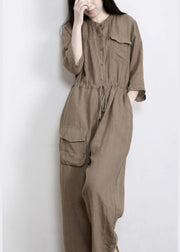 Elegant Chocolate Pockets Wide Leg Fall Linen Jumpsuit Pants - bagstylebliss