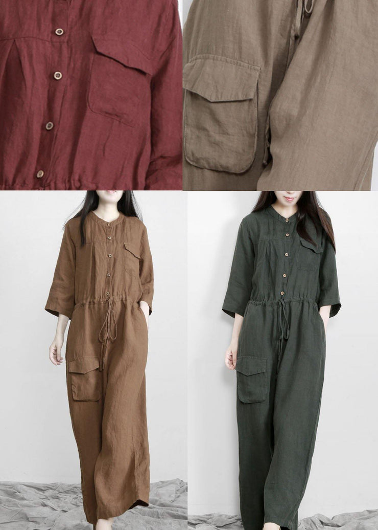 Elegant Chocolate Pockets Wide Leg Fall Linen Jumpsuit Pants - bagstylebliss