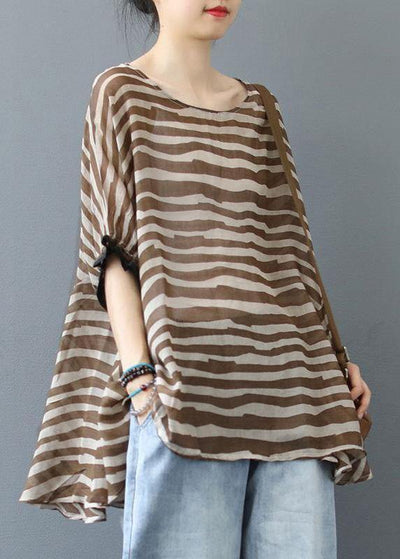 Elegant Chocolate Striped Clothes For Women O Neck Midi  Blouse - bagstylebliss