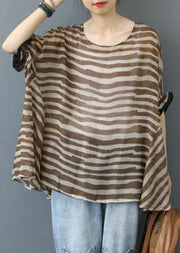 Elegant Chocolate Striped Clothes For Women O Neck Midi  Blouse - bagstylebliss