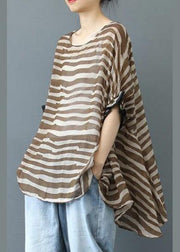 Elegant Chocolate Striped Clothes For Women O Neck Midi  Blouse - bagstylebliss