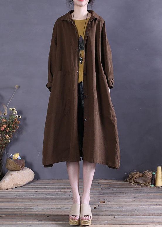 Elegant Chocolate Button Cotton Casual Coat Spring