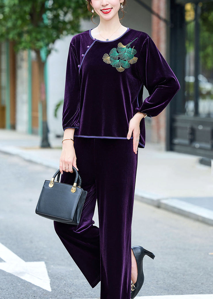 Elegant Coffee Embroidered Button Silk Velour Top And Pants Two Pieces Set Long Sleeve