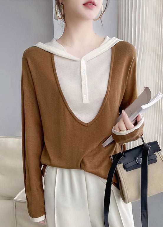 Elegant Coffee Hooded Patchwork False Two Pieces Cotton Knit Tops Fall