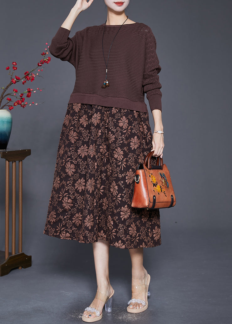 Elegant Coffee Jacquard Patchwork Knit Maxi Dresses Fall