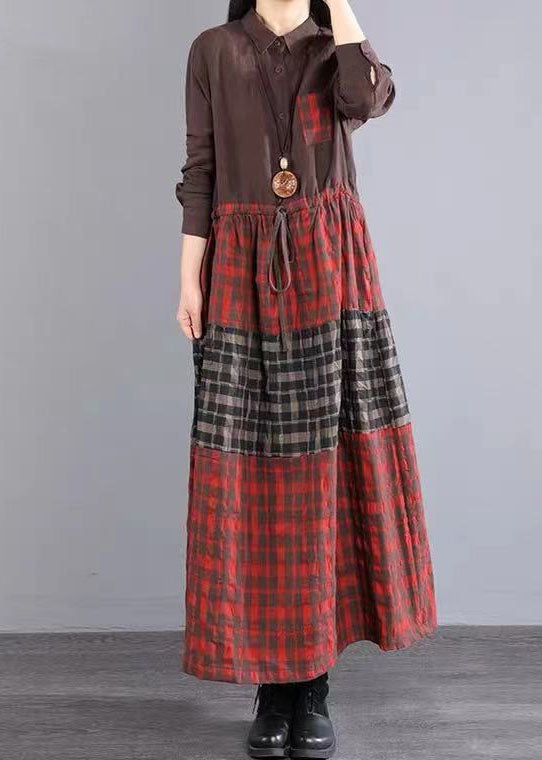 Elegant Chocolate Peter Pan Collar Button Tie Waist Plaid Linen Holiday Dress Long Sleeve