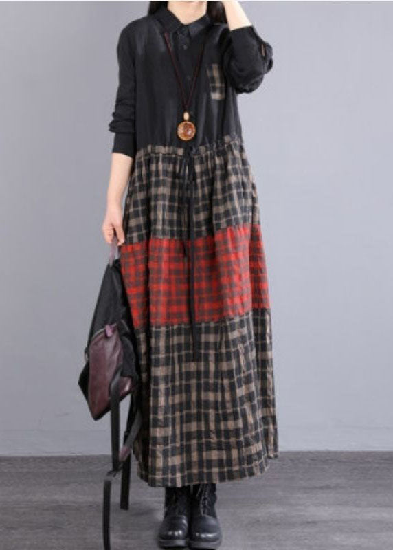 Elegant Chocolate Peter Pan Collar Button Tie Waist Plaid Linen Holiday Dress Long Sleeve