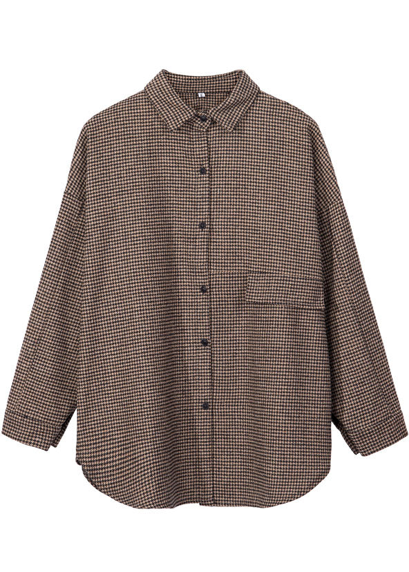 Elegant Chocolate Peter Pan Collar Plaid Woolen Top Spring