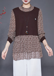 Elegant Coffee Print Patchwork Chiffon Knit Fake Two Piece Shirt Fall