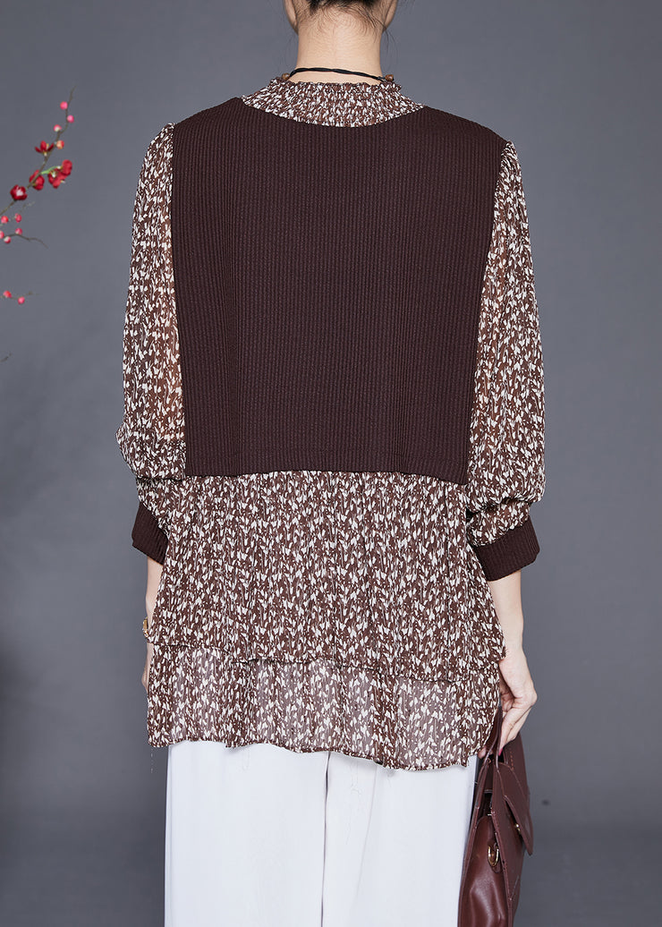 Elegant Coffee Print Patchwork Chiffon Knit Fake Two Piece Shirt Fall