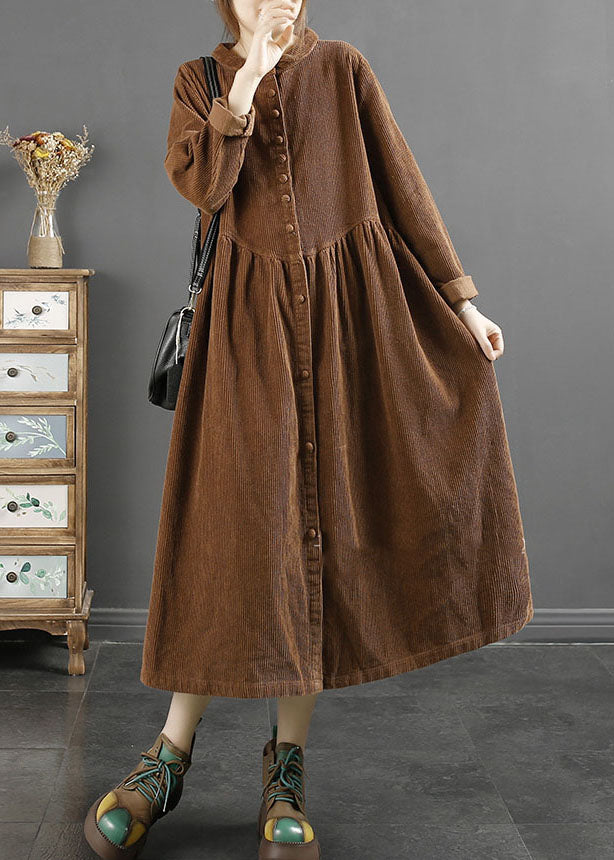 Elegant Coffee Square Collar Wrinkled Patchwork Corduroy Long Trench Coats Long Sleeve