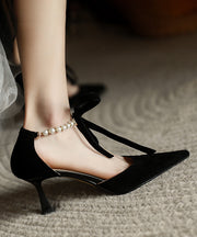 Elegant Coffee Suede High Heels Splicing Beading Bow