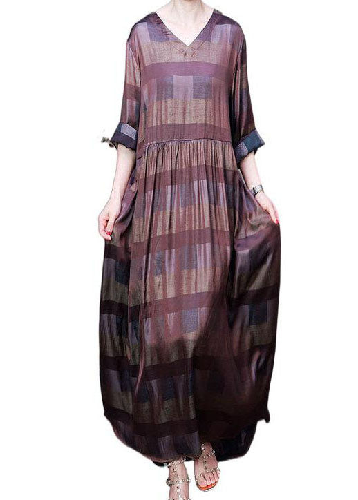 Elegant Chocolate V Neck Plaid Wrinkled Long Dresses Long Sleeve