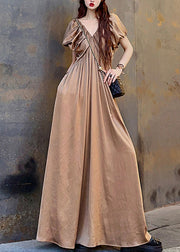 Elegant Coffee V Neck Wrinkled Patchwork Cotton Long Dresses Summer