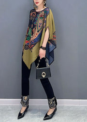 Elegant Colorblock Asymmetrical Print Chiffon Top Batwing Sleeve