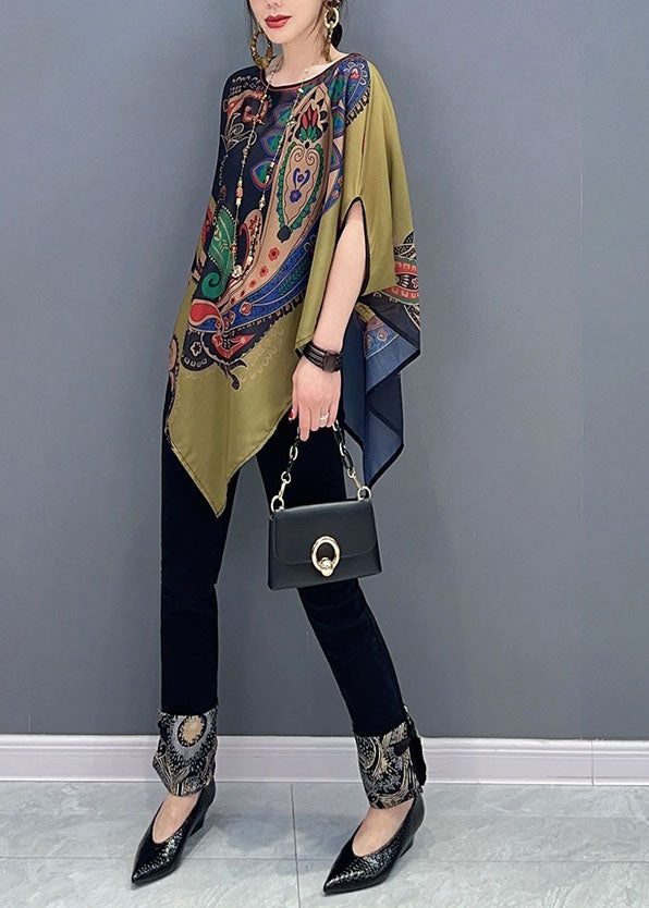 Elegant Colorblock Asymmetrical Print Chiffon Top Batwing Sleeve