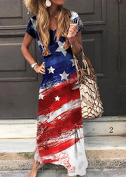 Elegant Colorblock O-Neck National Flag Print Cotton Beach Dresses Short Sleeve