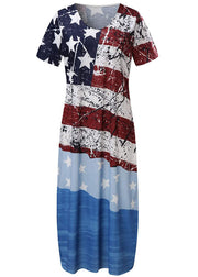 Elegant Colorblock O-Neck National Flag Print Cotton Beach Dresses Short Sleeve