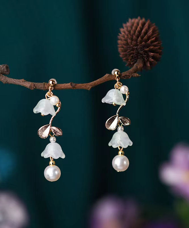 Elegant Cyan Alloy Pearl Tassel Bell Orchid Drop Earrings