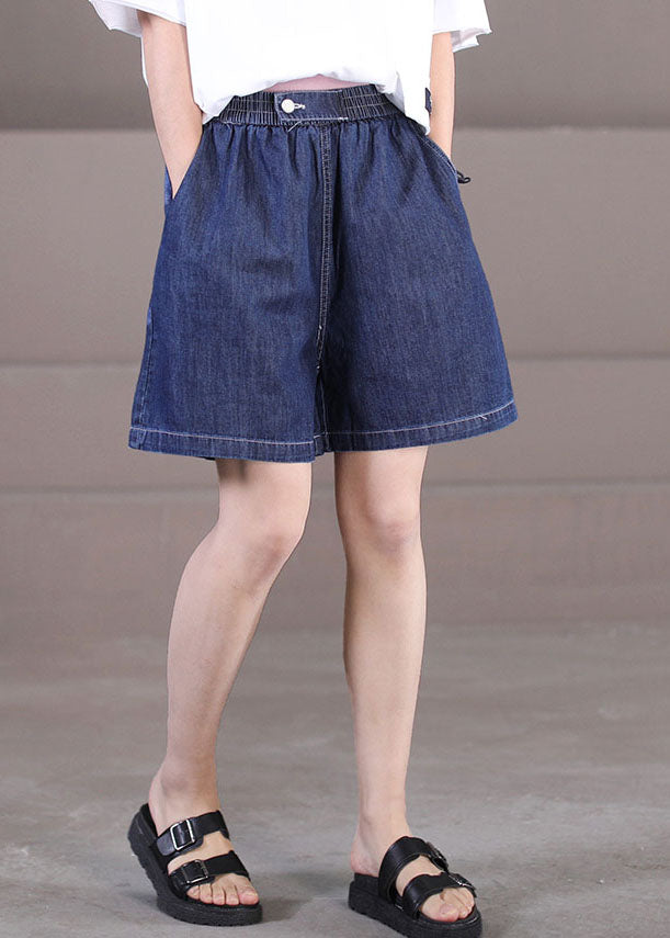 Elegant Dark Blue Elastic Waist Pockets Cotton Hot Pants Shorts Summer