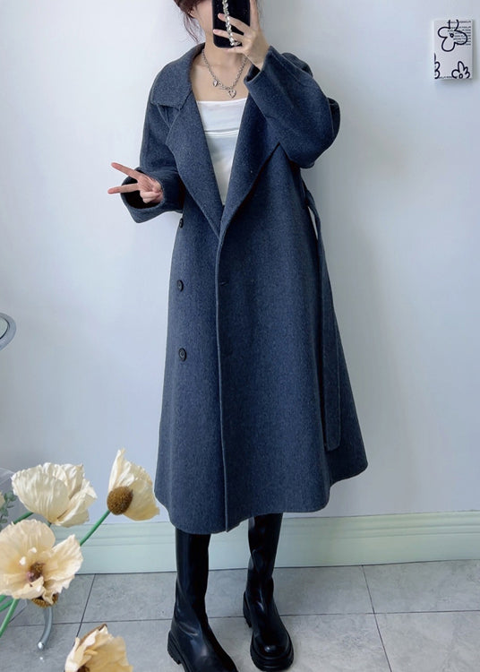 Elegant Dark Grey Stand Collar Tie Waist Woolen Coat Winter