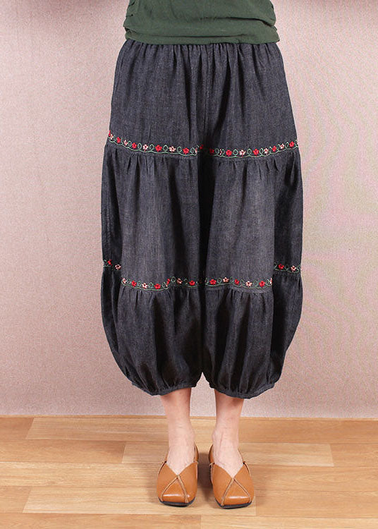 Elegant Denim Blue Elastic Waist Oriental Embroideried Patchwork Cotton Lantern Pants Summer