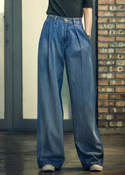 Elegante Denim-Blau-Hosen mit hohen Taillenknöpfen aus Baumwolle, lockere, weit geschnittene Hosen, Frühling