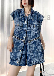 Elegant Denim Blue Loose Button zippered Print Fall Two Piece Set Women Clothing Sleeveless