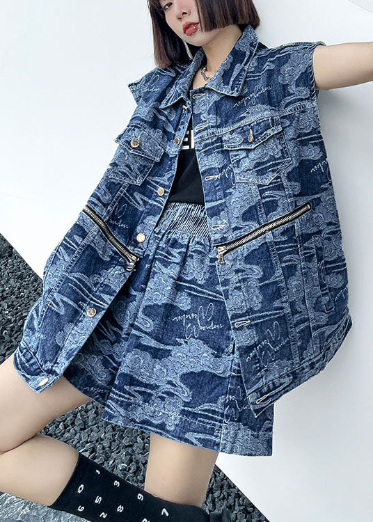 Elegant Denim Blue Loose Button zippered Print Fall Two Piece Set Women Clothing Sleeveless