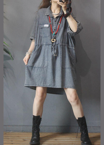 Elegant Denim tie waist Turn-down Collar Maxi Summer Cotton Dress - bagstylebliss