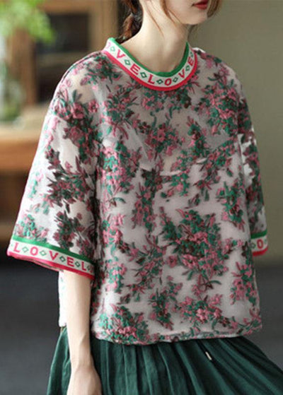 Elegant Embroideried retro O-Neck Summer Floral Blouses Half Sleeve - bagstylebliss