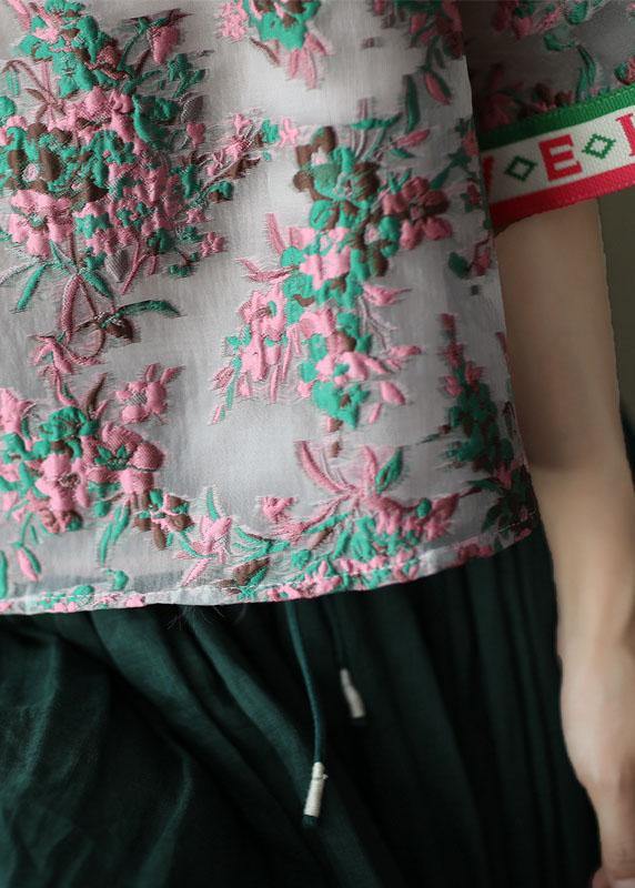 Elegant Embroideried retro O-Neck Summer Floral Blouses Half Sleeve - bagstylebliss