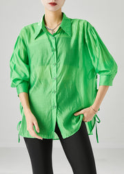 Elegant Fluorescent Green Lace Up Silk Blouses Fall