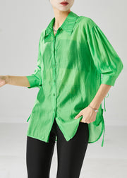 Elegant Fluorescent Green Lace Up Silk Blouses Fall