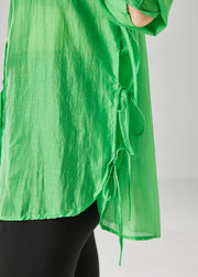 Elegant Fluorescent Green Lace Up Silk Blouses Fall