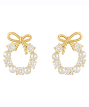 Elegant Gold Copper Alloy Zircon Pearl Bow Hoop Earrings