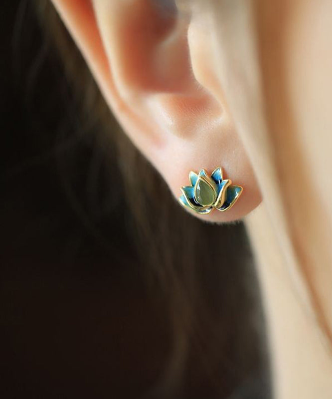 Elegant Gradient Color Blue Sterling Silver Jade Enamel Lotus Stud Earrings