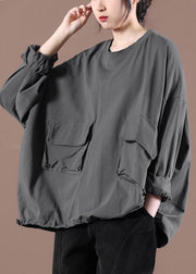 Elegant Gray Cinched Pockets Loose Sweatshirts Top - bagstylebliss